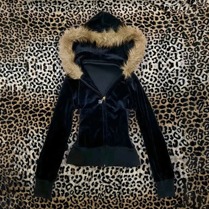 Women's Black Fur Collar Zipper Sweatshirt Autumn Winter Hoodless Long Sleeve Sexy Girl Slim Fit Coat Winter Clothing Streetwear
