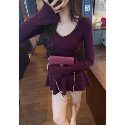 Zhiyi Early Autumn Long Sleeve Waist-Fitted V-Neck Knit Dress Women's Slimming Elegant Inner Mini Dress For Slimming And Smoothi