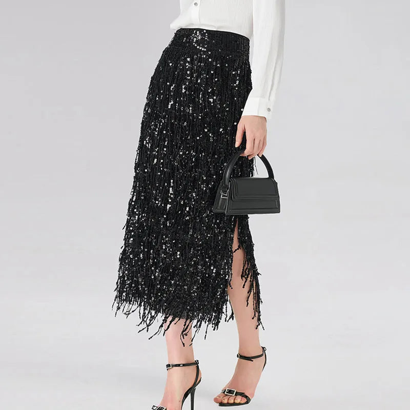 Stylish Glitter Sequined Sparkly Evening Skirts Elegant 2026 Spring High Waist Slim Split Tassel Skirt Summer Sexy Women's Skirt