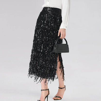 Stylish Glitter Sequined Sparkly Evening Skirts Elegant 2026 Spring High Waist Slim Split Tassel Skirt Summer Sexy Women's Skirt
