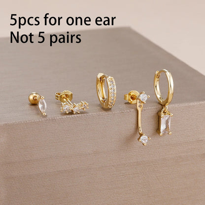 5PCS Stainless Steel Little Huggies Ear Stud Earrings Set For Women Tiny Crystal Zirconia Pendant Earrings Piercing Jewelry