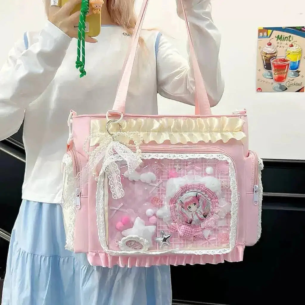 Y2k New Sweet Ita Shoulder Bag Lolita Girl Transparent Crossbody Bag Women Large Capacity Lace Tote Bag Cute DIY Display Handbag