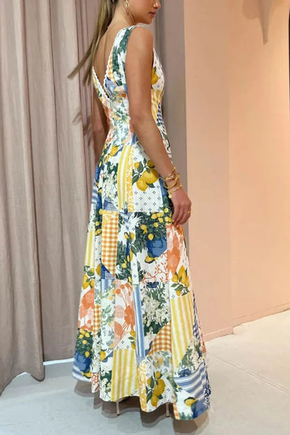 Printed Sexy Deep V-neck Dresses Women Sleeveless Fashion Chic Lady A-line Dress Beach Vacation Style Vestidos Spring Summer New