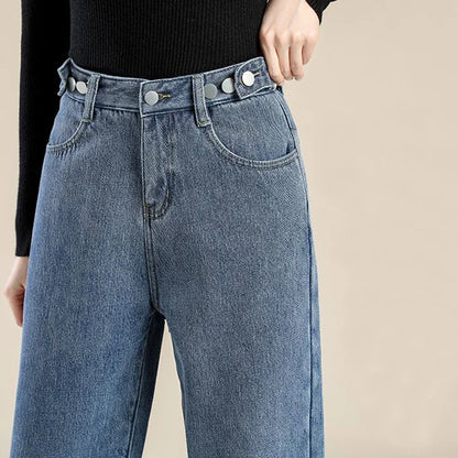 Winter Lady Solid Plush Thermal High Waist Jeans Girls Snow Warm Fleece Denim Pants Women Baggy Straight Leg Casual Trousers