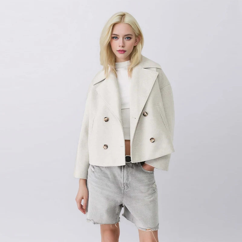Casual Short Woolen Blends Coats Women Loose Lapel Bouble Breasted Pocket Full Sleeve Jacket 2025 Autumn Winter Lady Solid Coat