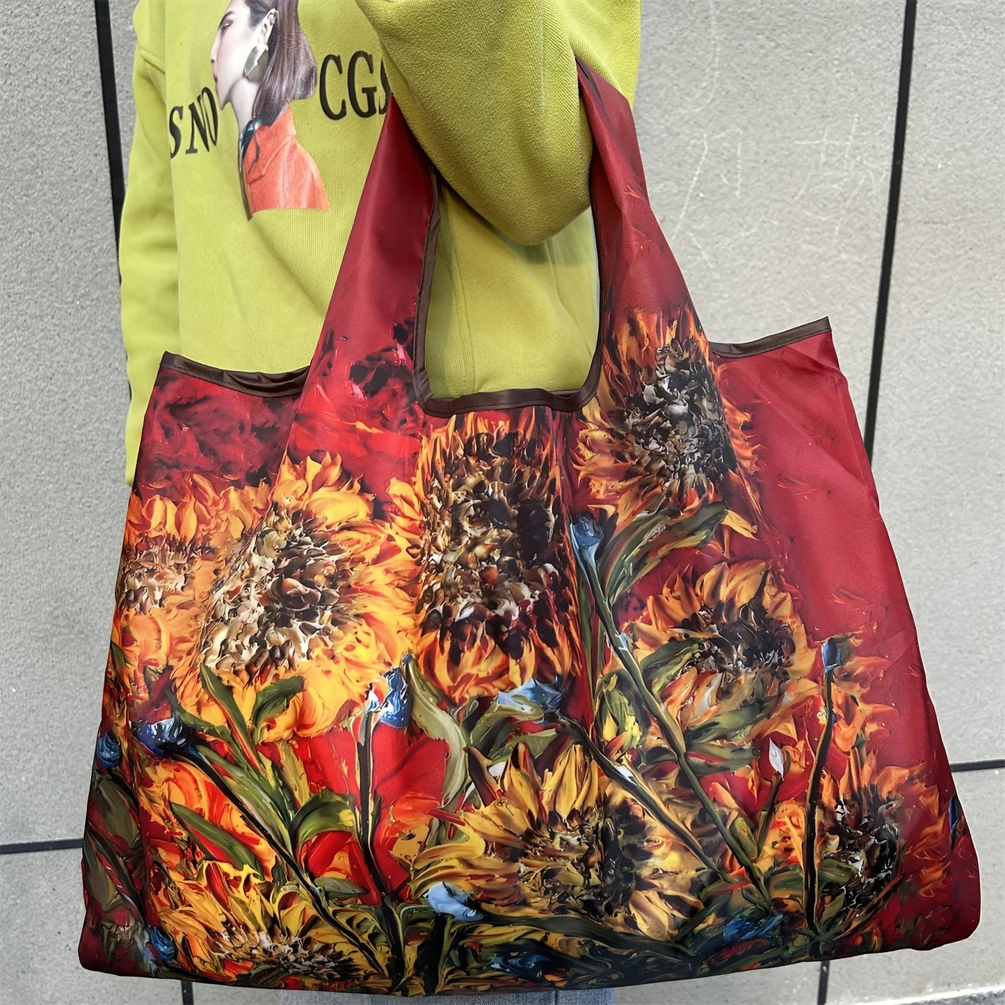 Fashion Oil Painting Style Sunflower Shopping Bag Grocery Store Foldable Large Handheld Shoulder Bag Women's Tote Bag Handheld