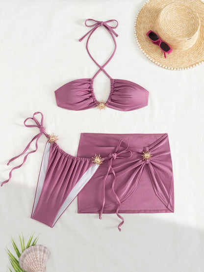 Sexy Metal Sun Ornament Bikini Women Purple Pleate Cross Push Up Mesh Skirt 3 Piece Swimsuit 2025 Beach Bathing Suit Swimwear