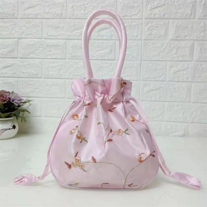 Elegant Ethnic Style Cosmetic Handbag Women Flower Handbags Embroidered Flower Small Bucket Bag National Style Purse Jewelry Bag