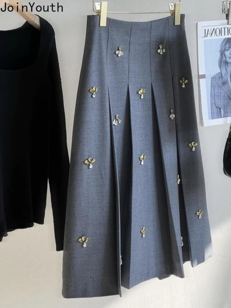 Skirts for Women 2025 Faldas Mujer De Moda High Waist A-line Jupe Heavy Diamond Temperament Skirt Vintage Tunic Korean Saia
