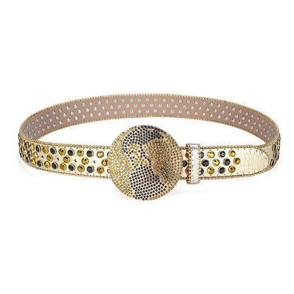 Western Leather belt BlingBling Diamond round buckle water Crystal diamond belt punk style Unisex PU Synthetic belt