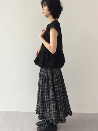 Korean Sle A-Line Midi Skirt Women's Summer 2025 Vintage Versatile High Waist Plaid Lace f-length Skirts