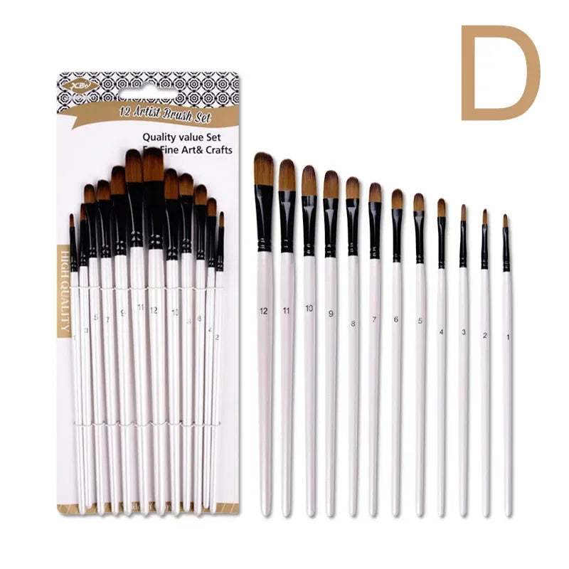 12pcs Nylon Hair Wooden Handle Watercolor Paint Brush Pen Set for Learning Diy Oil Acrylic Painting Art Paint Brushes Supplies