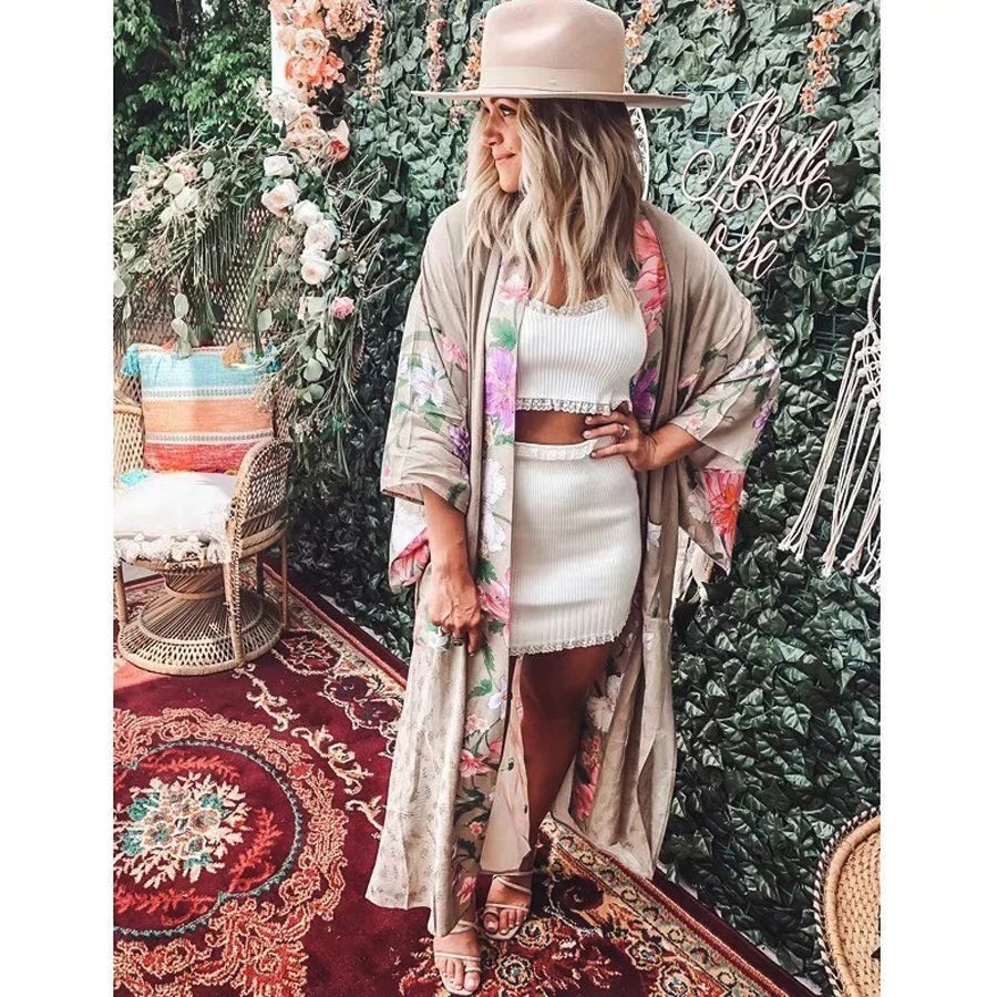 Happie Queens Vintage Peacock Floral Print  Women Bohemian V Neck Batwing Sleeves Ladies Boho Kimono Robe Cover-ups