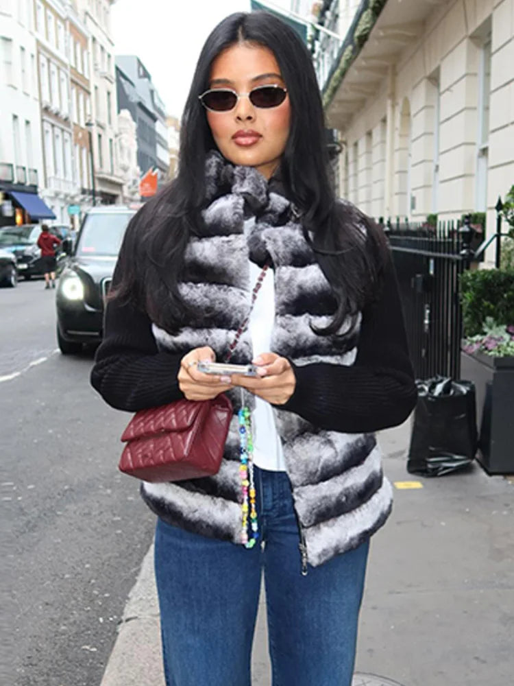 Vintage Faux Fur Patchwork Jacket For Women Fashion Knitted Long Sleeves Zipper Stand Coat 2025 Autumn Winter Female Streetwear