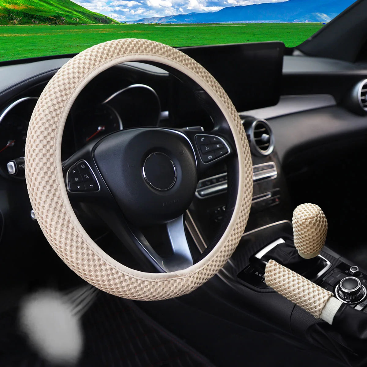 Three-piece three-dimensional breathable massage net car non-slip steering wheel cover, handbrake cover, gearshift cover