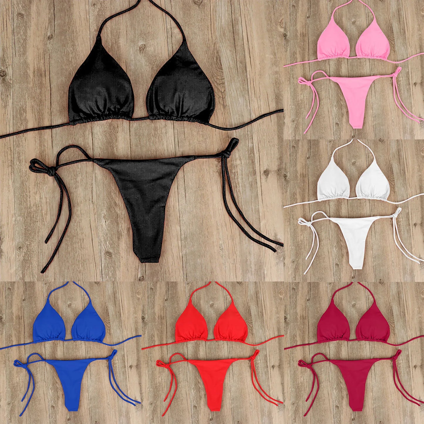 Tie Sexy Thong Bikini Set Side Swimsuit Bandage Style Swimwear Split Strap Adjustable Solid Color Female Summer Beach Bikini Set