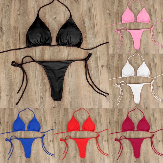Tie Sexy Thong Bikini Set Side Swimsuit Bandage Style Swimwear Split Strap Adjustable Solid Color Female Summer Beach Bikini Set