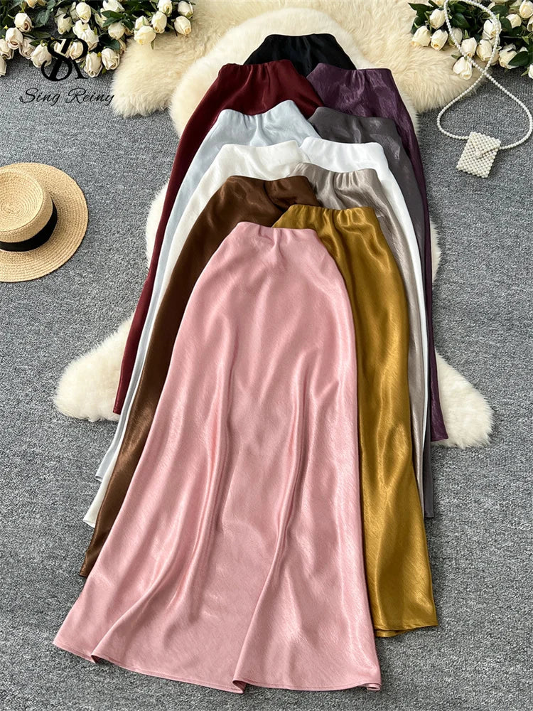 SINGREINY Senior Solid Satin Skirt Elastic Waist 2025 Newest Frence Elegant Women Fashion Basics Office Lady Skinny Midi Skirt