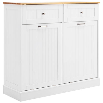 Trash Cabinet Tilt Out Freestanding, Pet Proof Kitchen Trash Cabinet Laundry Hamper with Cutting Board, Wood Garbage Recycling S
