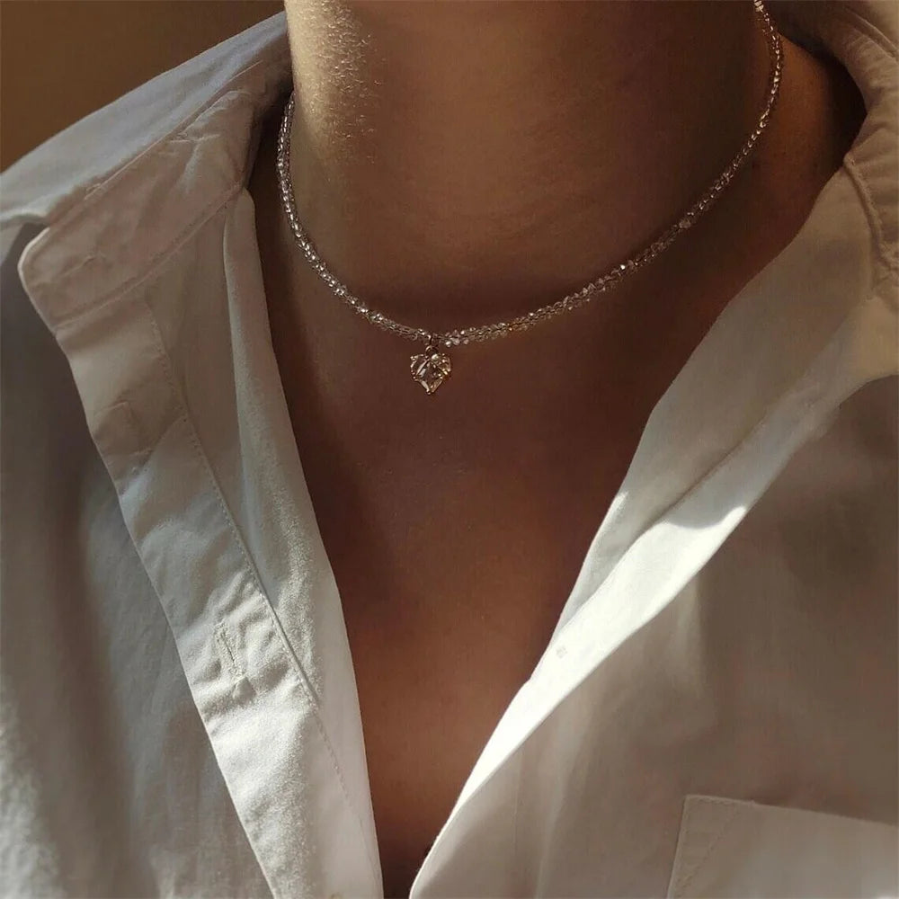 Fashion Vintage Tassels Zircon Heart Pendant Necklace For Women Female Boho Geometric Baroque Transparent Crystal  Chain Jewelry