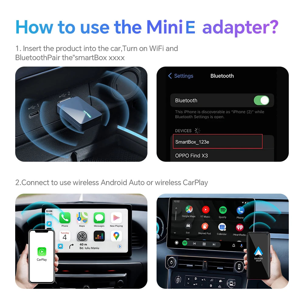 Wired to Wireless CarPlay and Android Auto 2in1 Mini Box  5GHz WiFi5 Transmission Speed Plug and Play Fashionable and Portable