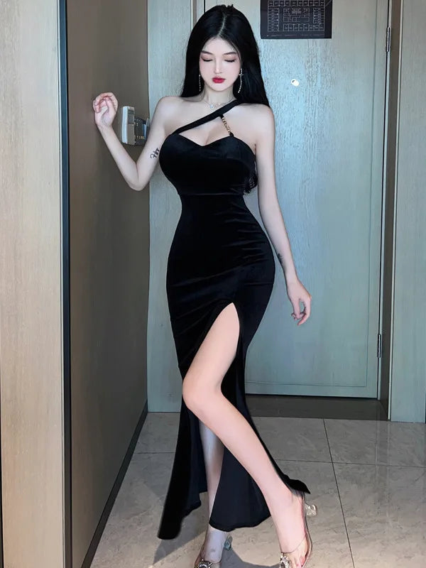 2023 Summer New Women's Sexy Spicy Girl Style Oblique Shoulder Leopard Pattern Side Split Slim Wrap buttocks Long Dress YNJY