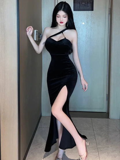 2023 Summer New Women's Sexy Spicy Girl Style Oblique Shoulder Leopard Pattern Side Split Slim Wrap buttocks Long Dress YNJY
