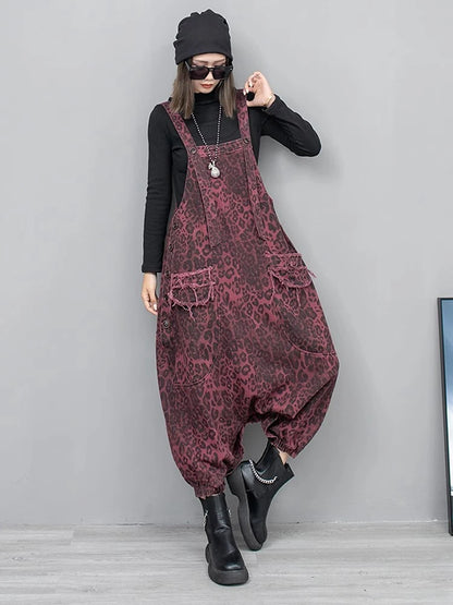 [EAM] High Waist Leopard Print Denim Pocket Big Size Overalls Wide Leg Jeans New Women Fashion Tide Spring Autumn 2026 1DH6428
