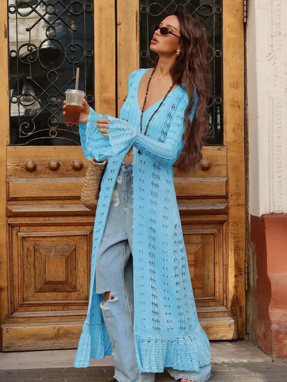 Hollow Breasted Sweater Long Dress Women Summer Party Dresses Cover Up Elegant Slim Split Maxi Vestidos Holiday Beach Robe
