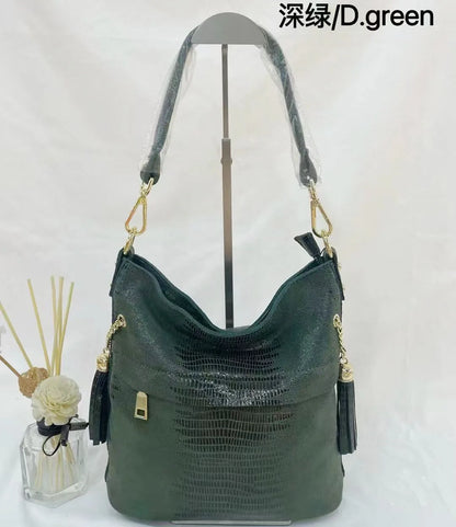 100% Genuine Leather Women's Shoulder Handbags Shiny Embossed Lady Suede Cowhide Real Leather Bags New Cross Body Bucket Bag