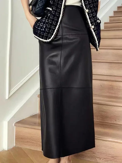 2025 Autumn/Winter Women Leather Maxi Skirt Feminino High End Vintage Back Split Wrapped Saias Slim Ankle Long Faldas Largas