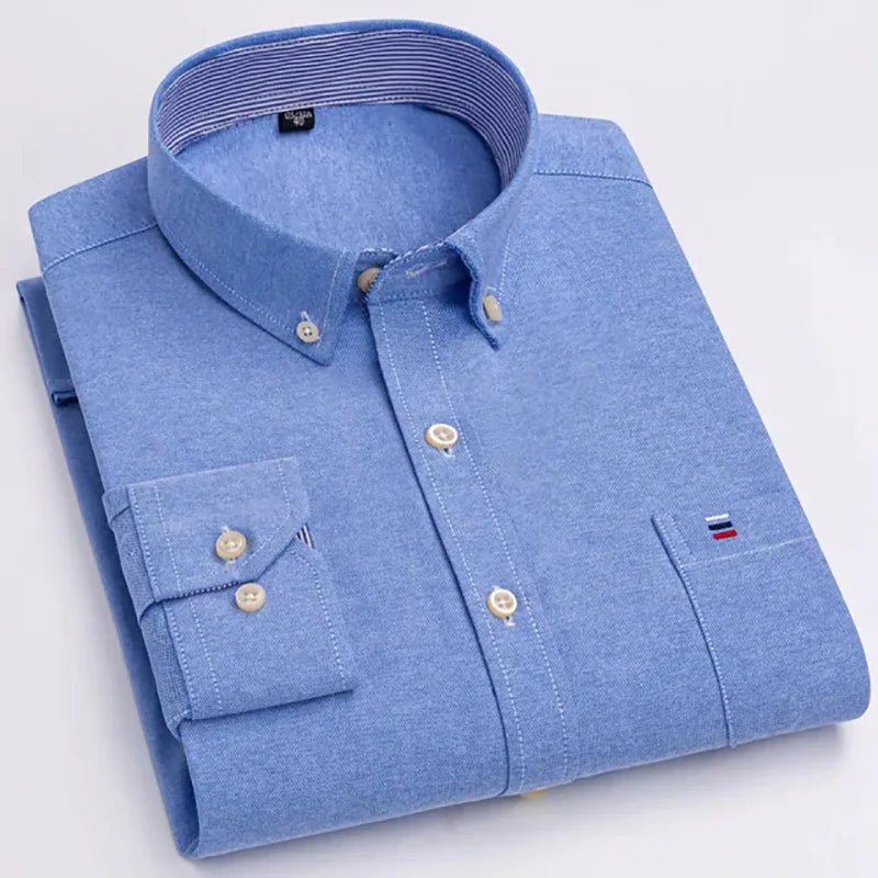 Men's Long Sleeve Oxford Dress Shirt 100% Cotton Plaid Checkered Chest Pocket Button Down Collar Casual Shirts