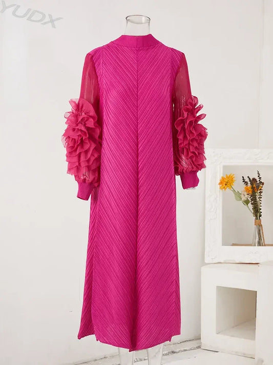 YUDX High Quality Maxi Miyake Pleated Dress Round Neck Spliced Fungus Full Sleeve Dresses For Women 2025 New Spring Clothing