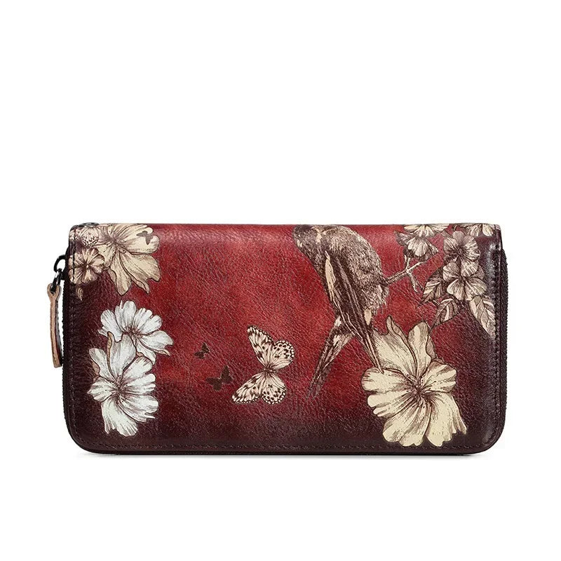 Genuine Leather Women Wallet  Coin Purse Female Purse Flower Printed Long Clutch Bags  Womens Wallets And Purses  Carteira