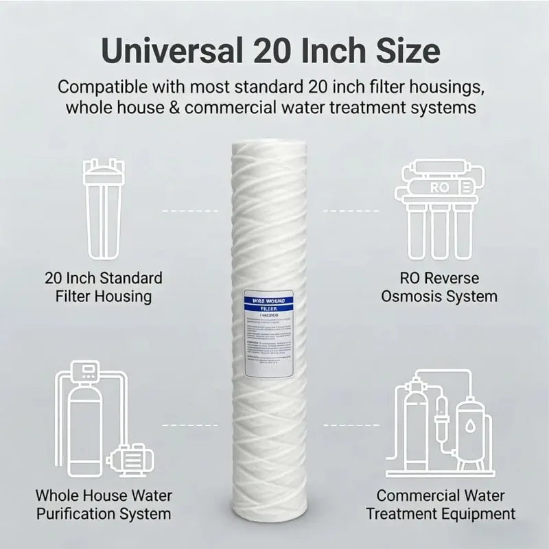 2Pcs 20 Inch 5 Micron Water Filter Cartridge High Flow Wound Polypropylene Sediment for Whole House Water Filter Cartridge