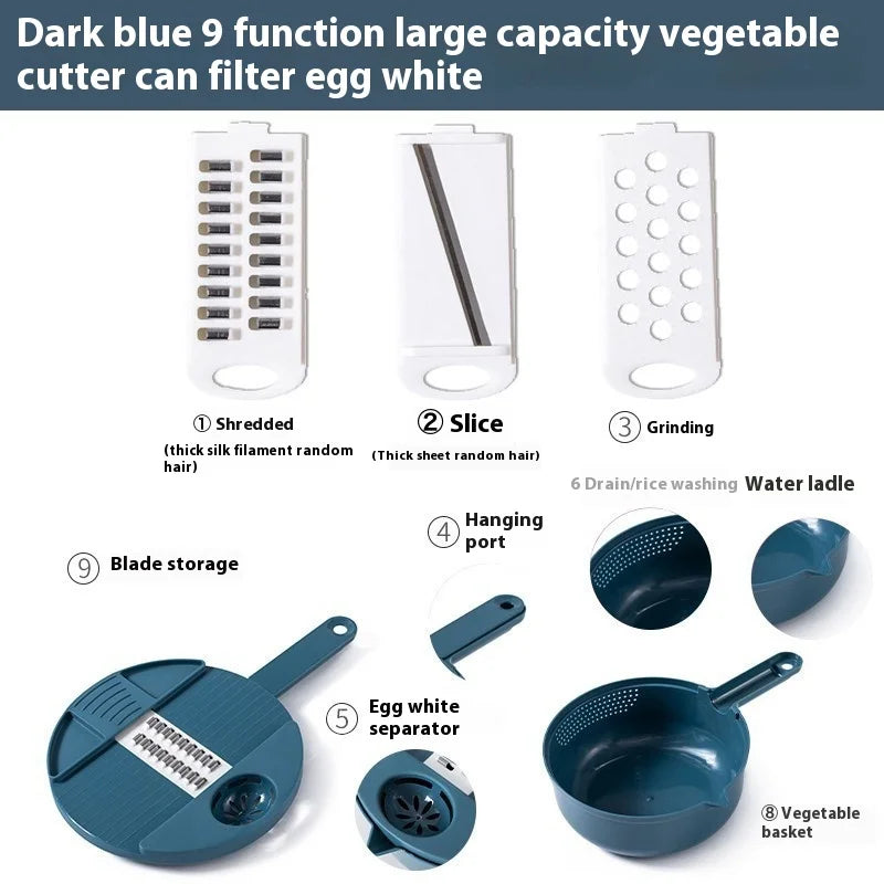 9 in 1 Multi-functional Vegetable Chopper Carrots Potatoes Manually Cut Shred Slicer Radish Grater with Container Kitchen Tools