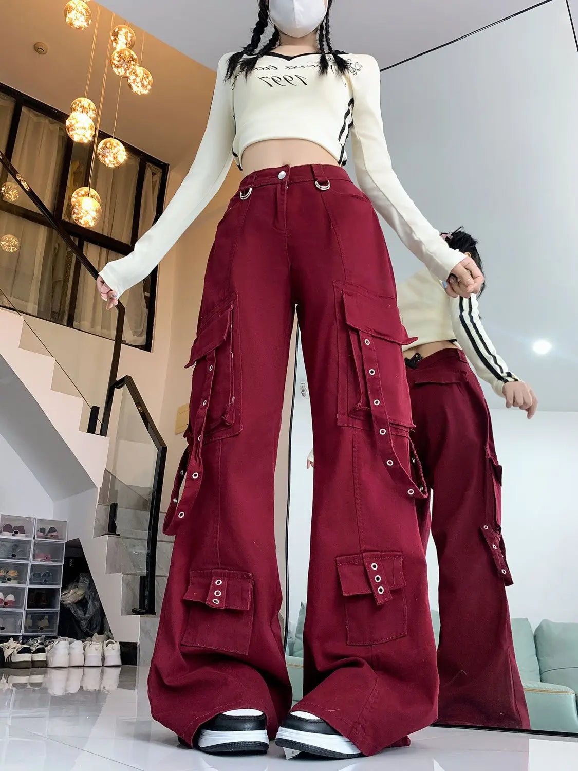 Retro Red Y2k Streetwear Cargo Jeans Women Harajuku 2000s Aesthetic Denim Trousers Fashion Casual Wide Leg Pants Pantalones