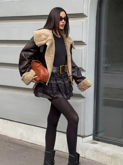 Vintage Furry Leather Women Winter Coats Big Lapel Long Sleeve Zipper Warm Outerwear 2025 Winter Chic Lady Street Short Jackets