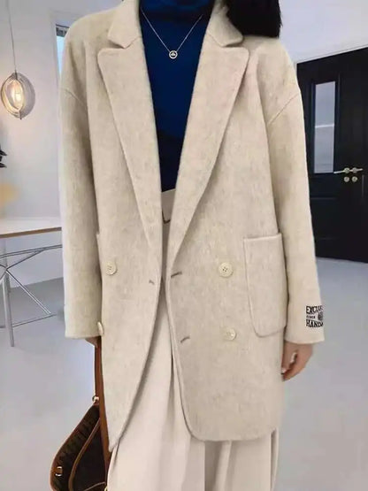 [EWQ] Korean Loose Long SleeveTurn-down Collar Solid Woolen Coats Women Double-faced Cashmere Coat Winter 2025 Autumn 16O1639