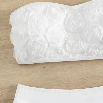 Sexy Flowers Bikini White Y2K Bandeau Swimsuit Push Up Bathing Suit 3D Floral Swimwear Women Highwaist Beach Set Vacation Outfit