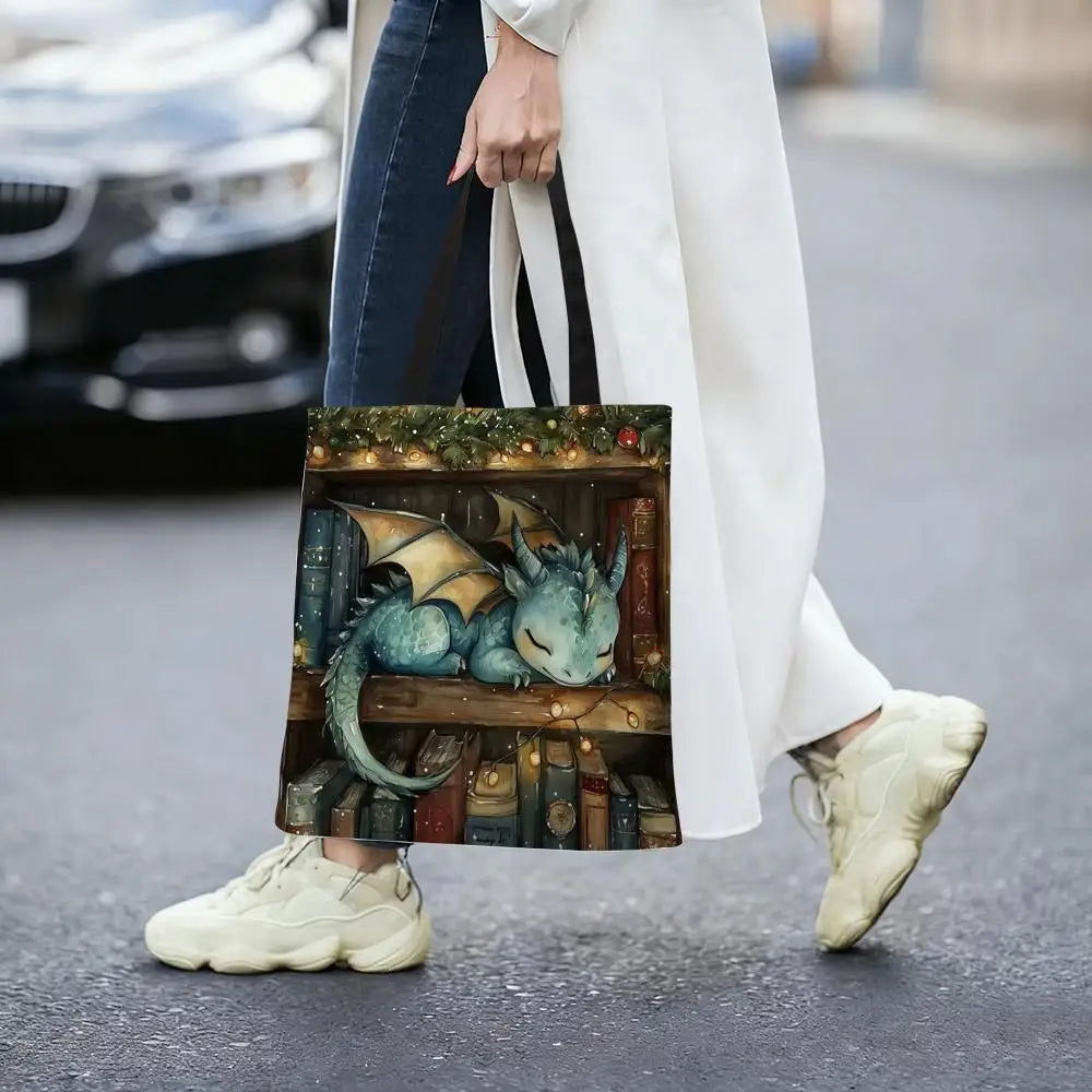 Dragon Sleeping Storage Bags Lightweight Canvas Tote Bag Large Capacity Shoulder Shopper Fashion Eco Multi-Purpose Handbag
