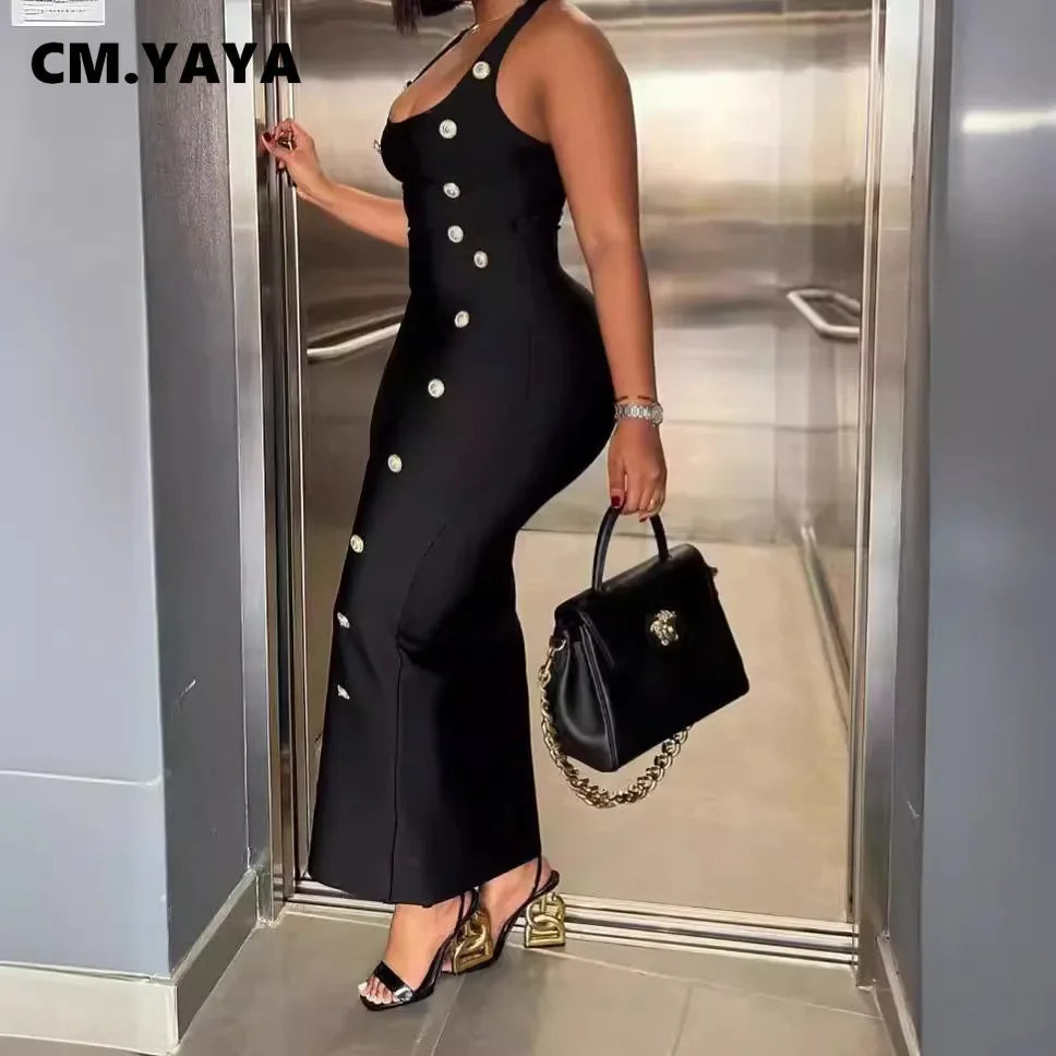 CM.YAYA Women Sleeveless O-neck Maxi Long Skinny Dress 2024 Fall Button Backless Birthday Club Sexy Party Evening Dresses