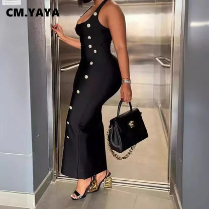 CM.YAYA Women Sleeveless O-neck Maxi Long Skinny Dress 2024 Fall Button Backless Birthday Club Sexy Party Evening Dresses