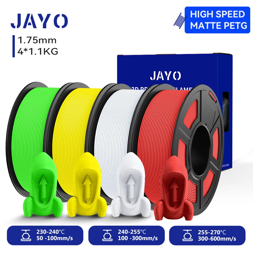 JAYO 4Rolls 3D High Speed Matte PETG 3D Filament 1.75mm 30mm/s - 600mm/s Print Range High Flow Speedy PETG 3D Printer Filament