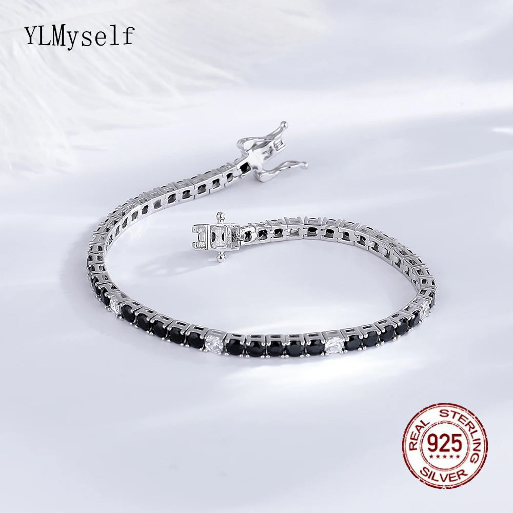 Real Fine Jewelry 3MM of 5 pcs Black Mix 1 pc White Cubic Zircon 16/17/18 CM Chain Tennis Bracelet Silver 925