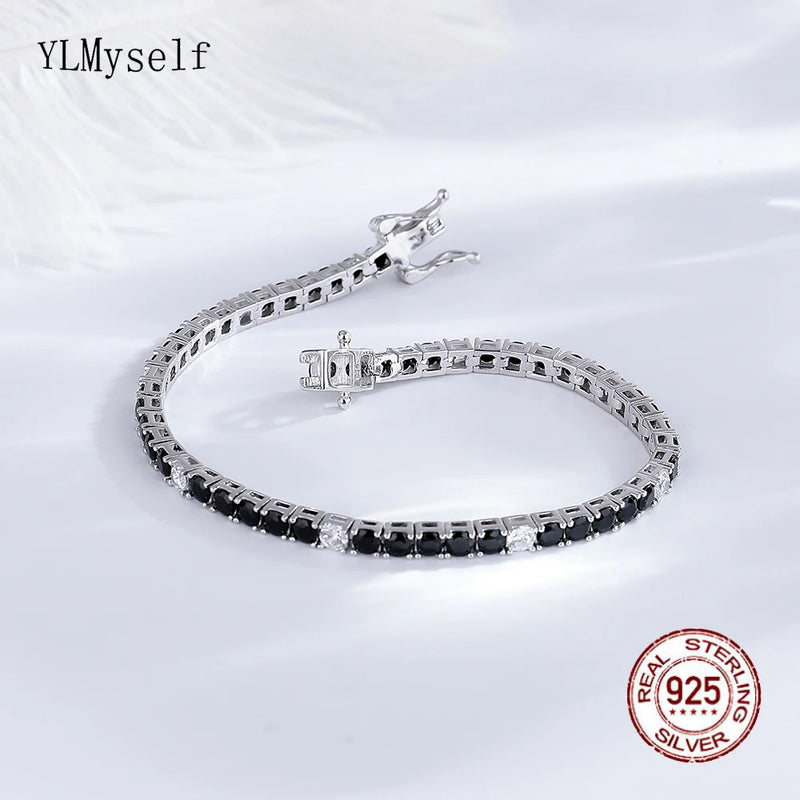 Real Fine Jewelry 3MM of 5 pcs Black Mix 1 pc White Cubic Zircon 16/17/18 CM Chain Tennis Bracelet Silver 925