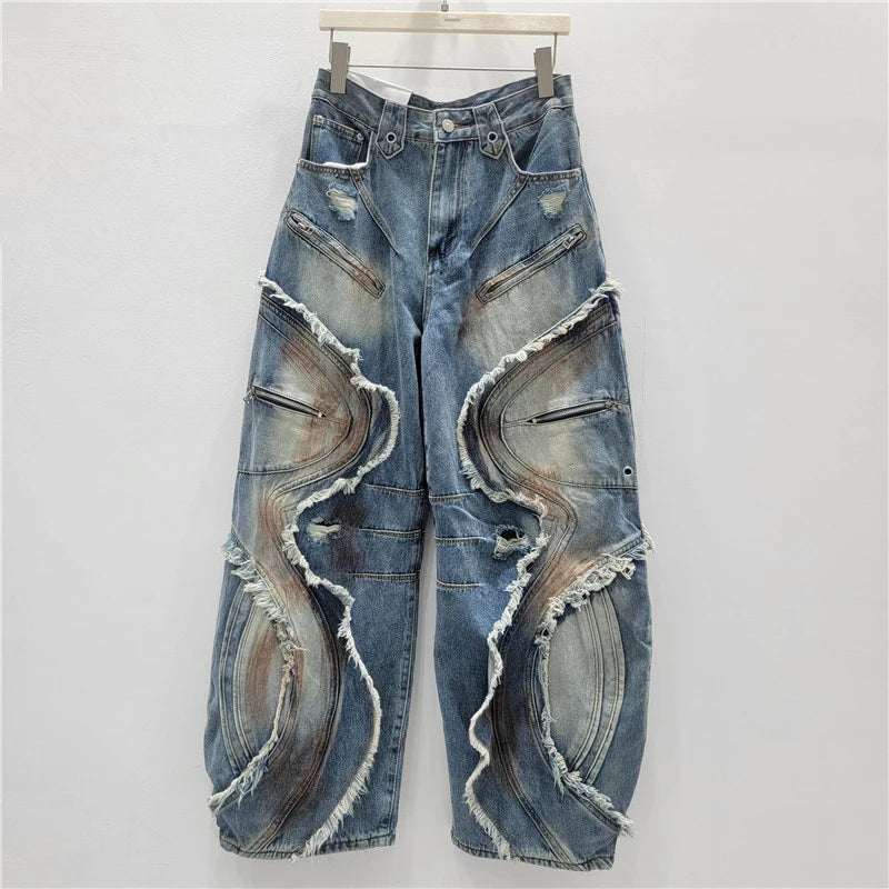 DEAT 2025 Autumn New Fashion Patchwork Burrs Cargo Denim Pants For Women High Waist Loose Wide-leg Jeans Female Trendy 11A06257