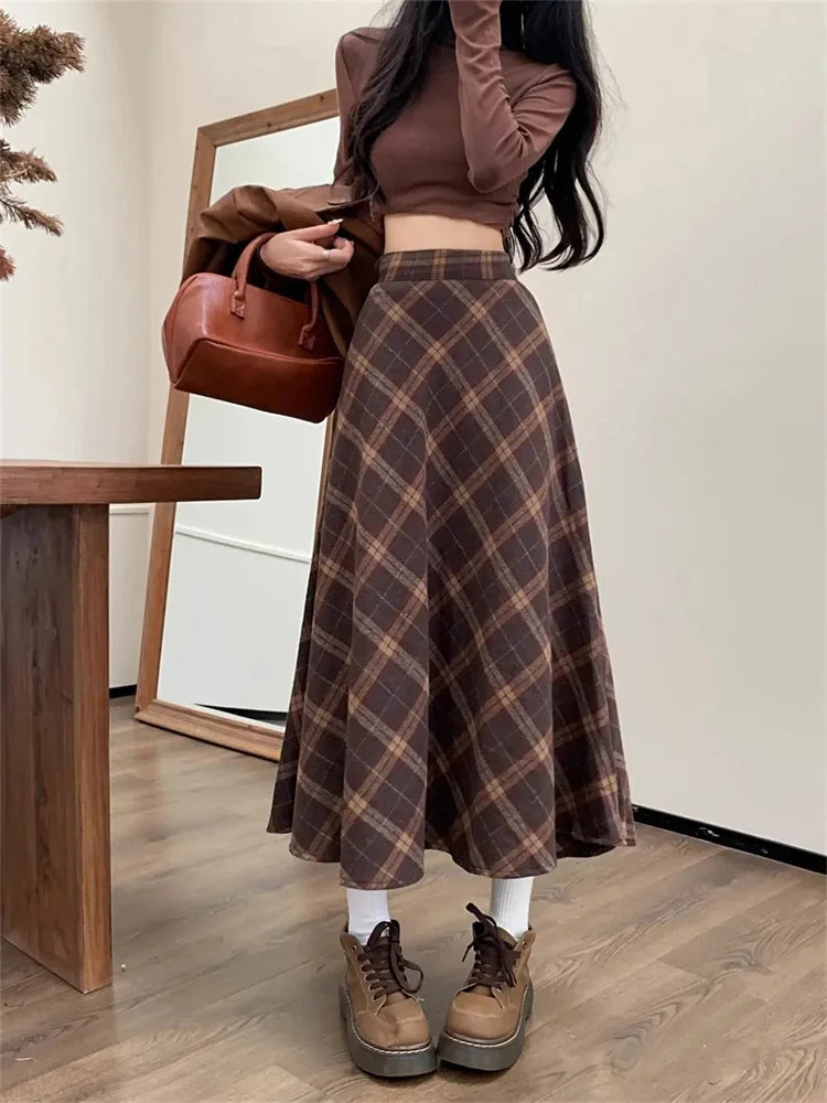 Tweed plaid high waist half-body skirt female fall and winter new retro loose big yards leisure long A-line half-body skirt