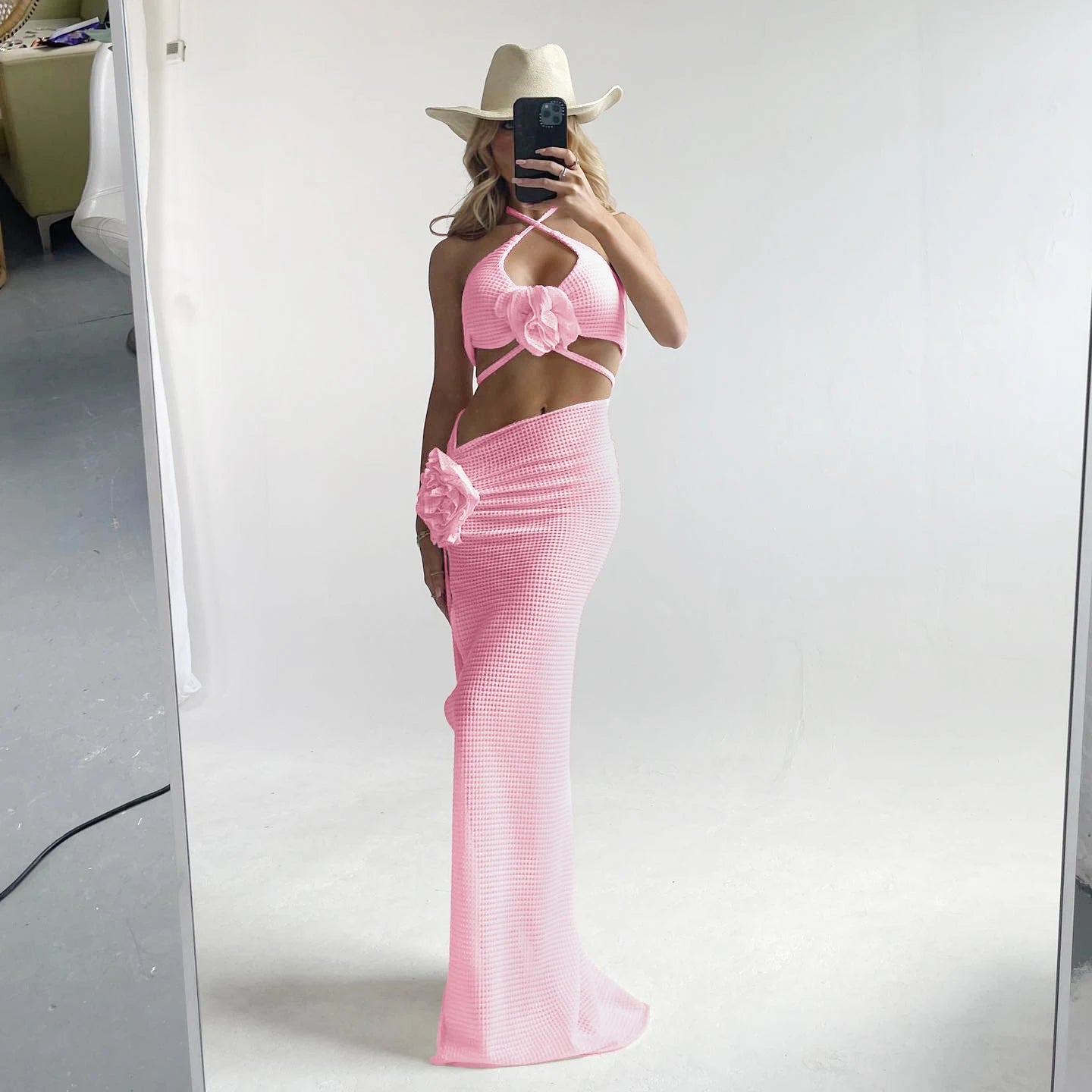 2025 3pack Bikini with Beach Skirt Swimwear Women 3D Flower Swimsuit Halter Bathing Suit Beachwear Bikini Set Biquini