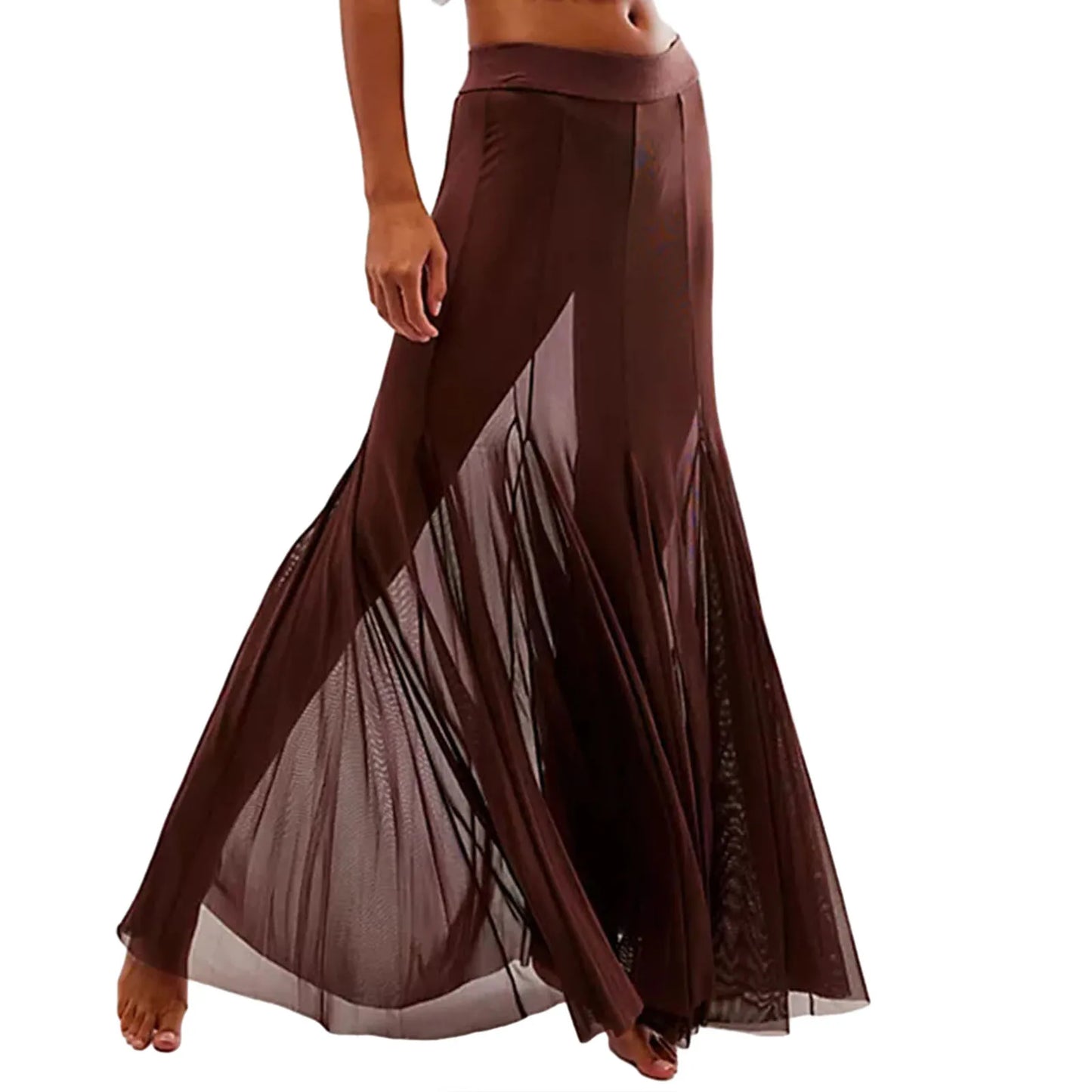 Fashion Women’s Mesh Sheer Long Skirts Elastic High Waist Ruffle Hem Flowy Skirts Casual A-line Midi Skirts